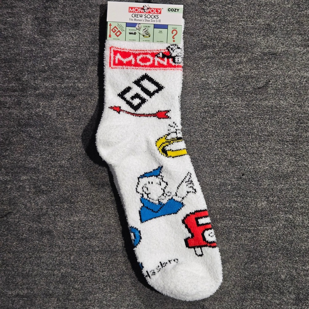 Monopoly Board Game Cozy Crew Socks Womens Size 5-10 Fuzzy Hasbro Graphic White